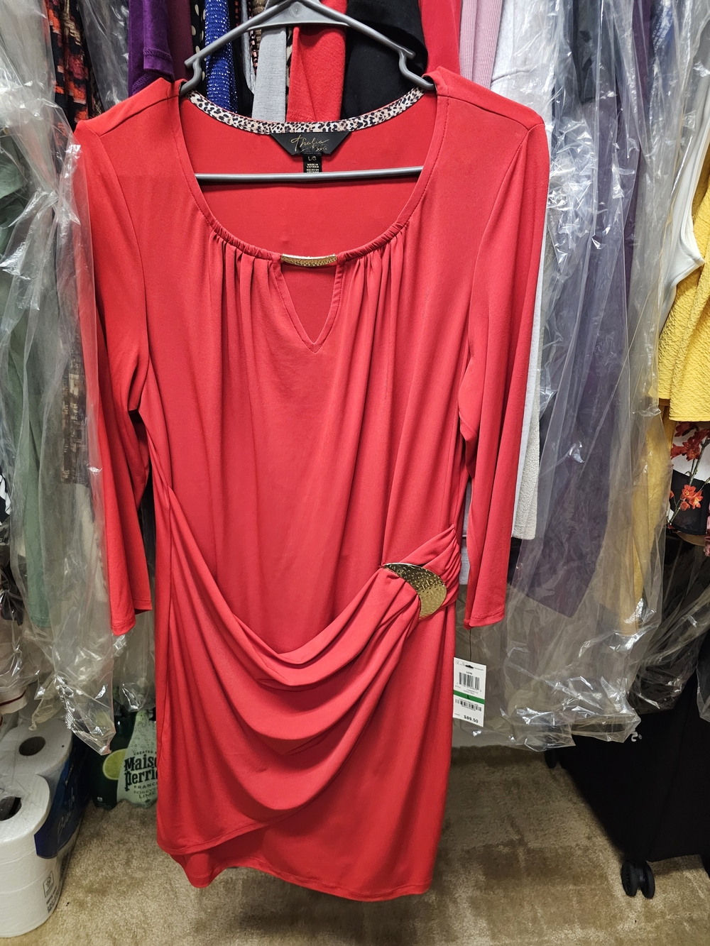 Michael Kors Red Long-Sleeve Draped Dress with Gold Accent